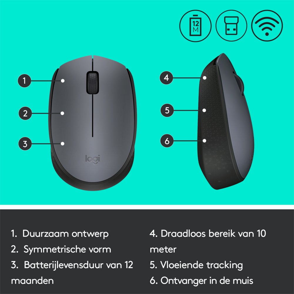 Logitech M170 | Draadloze Muis | Links- en Rechtshandig | RF | 1000 DPI | Grijs - Afbeelding 9