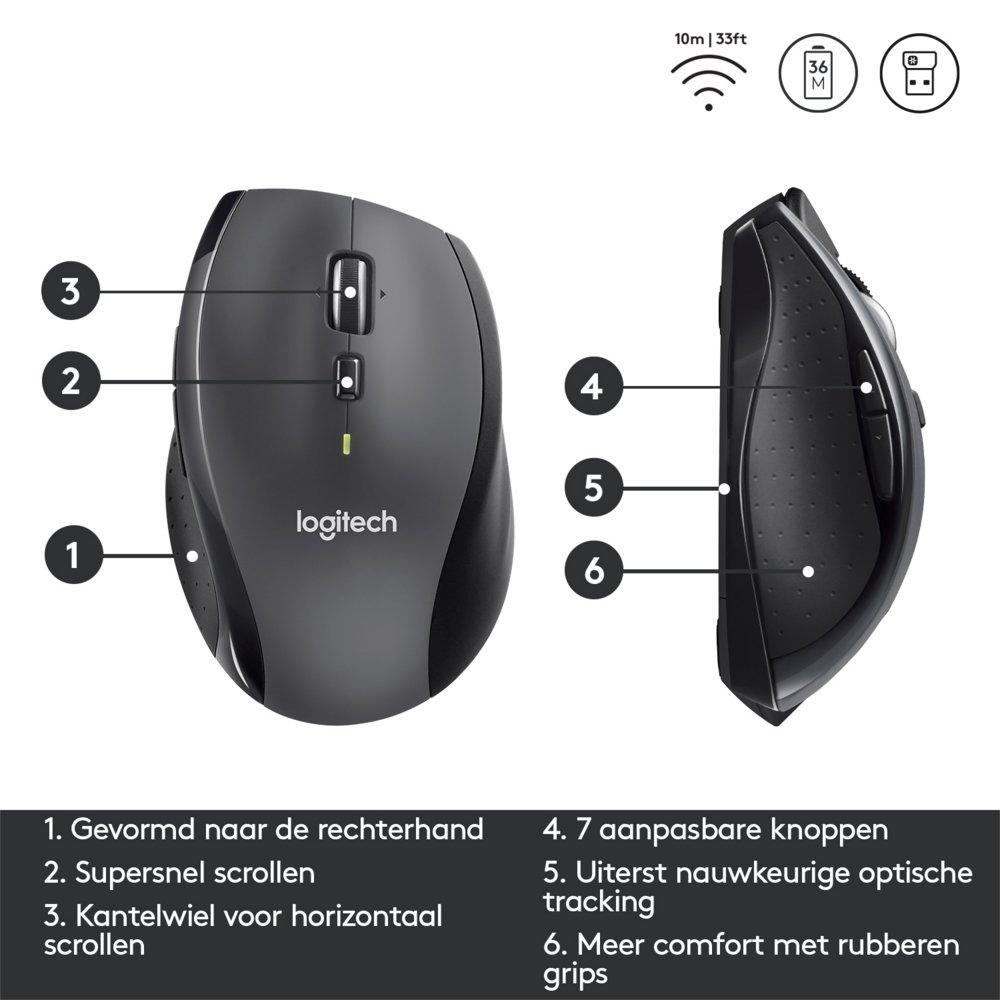 Logitech Marathon M705 | Draadloze Muis | Rechtshandig | RF | 1000 DPI | Zwart - Afbeelding 7