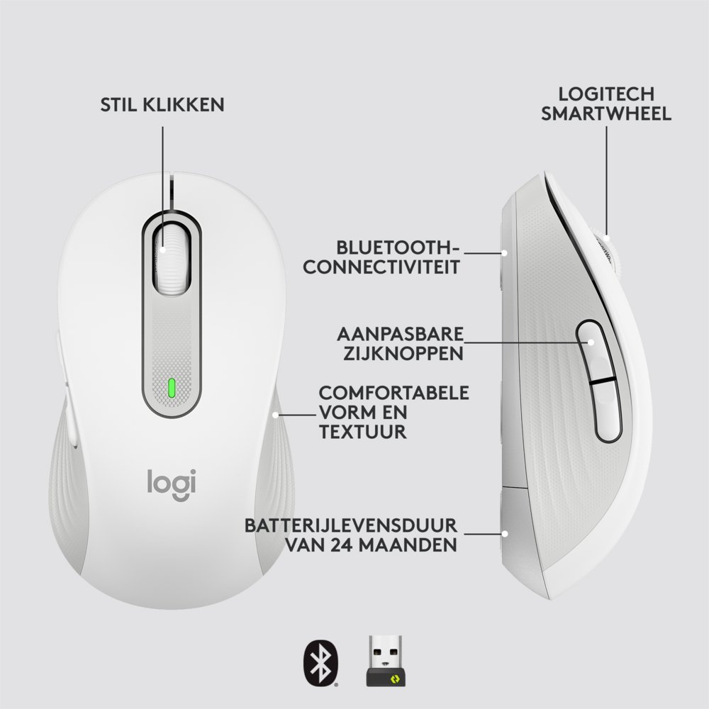 Logitech Signature M650 | Draadloze Muis | Rechtshandig | RF + Bluetooth | 2000 DPI | Wit - Afbeelding 12